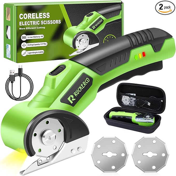 Cordless Electric Scissors Box Cutter 2 Rotary Blades – 4V Duty Rechargeable Cardboard Cutter, Storage Box & Fabric Scissor With Safety Lock, USB Cable – For Plastic, Carpet, Leather, DIY Crafts