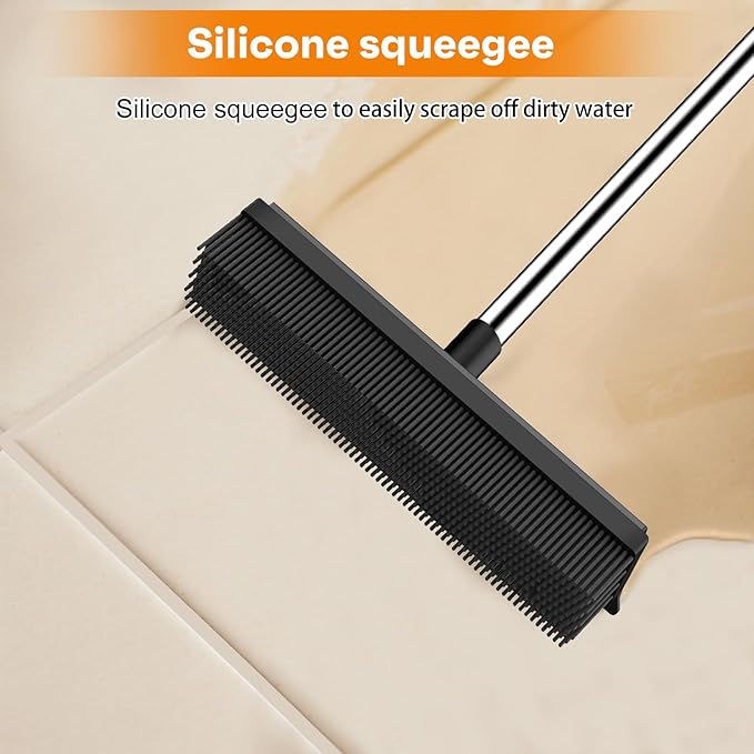 nacena Rubber Broom, 2 in 1 Pet Hair Removal Broom with Squeegee 51-in Adjustable Long Handle Carpet Broom for Cleaning Carpet Hardwood Floor Tile Window, Black