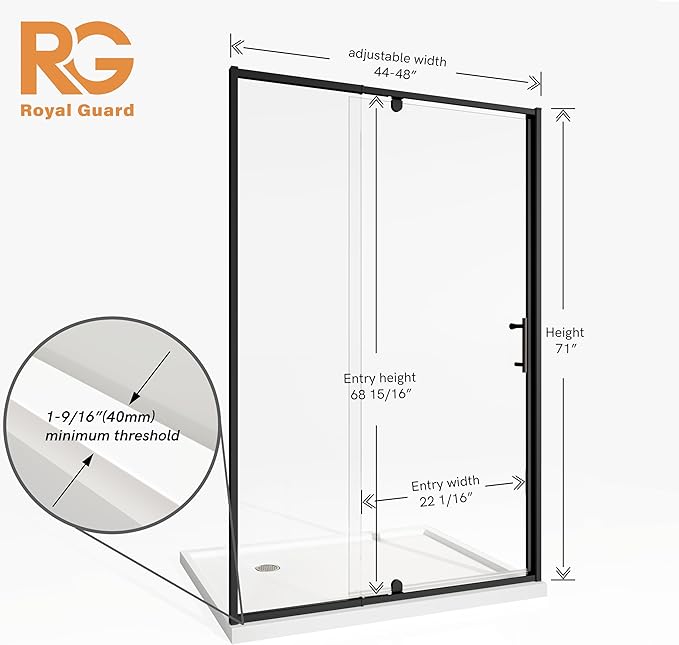 44-48" W x 71" H Pivot Shower Door,Pivot Semi-Frameless Swing Glass Shower Door with 1/4"(6mm) Clear SGCC Tempered Glass,Magnetic Closing,Matte Black