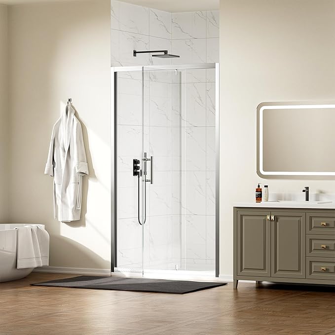 WinZo 41-42" W ×72" H Pivot Shower Door, 1/4"(6mm) SGCC Clear Tempered Glass Shower Door with Explosion Film, Nano Easy-Clean Coating, Reversible Installation, Brushed Nickel
