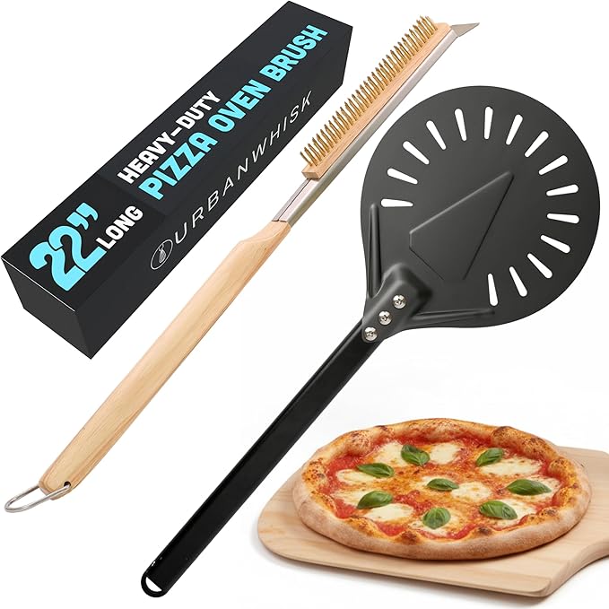 Urban Whisk 26" Pizza Oven Brush with Scraper & Pizza Peel – Brass Bristle Pizza Brush for Oven Cleaning + Aluminum Pizza Peel, Extra-Long Heat-Safe Handle