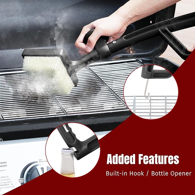 Grill Brush Bristle Free with Aramid Fiber - 600°F Heat Resistant Steam Cleaning Brush, Dual Handle BBQ Grill Cleaning Brush with Scraper, Replaceable Head for Outdoor Grill Weber Traeger Grates