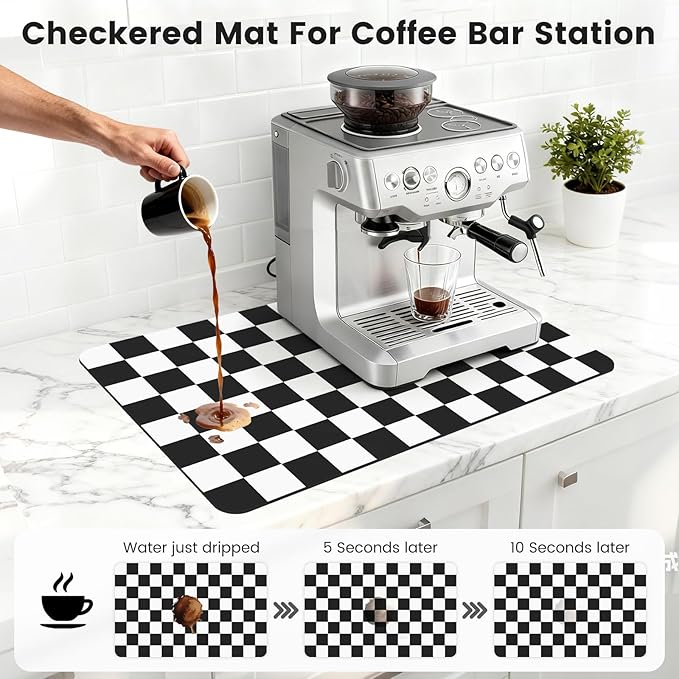 16" x 24" Checkered Dish Drying Mat for Kitchen Counter, Absorbent Coffee Bar Mat for Espresso Machine Coffee Countertops Accessories (Black)
