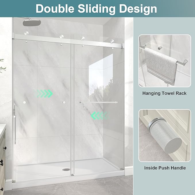 KPUY Frameless Shower Door, 49-54" W x 76" H Double Sliding Glass Shower Door, 1/4" (6mm) Thick Tempered Clear Glass with Explosion-Proof Film Nano Coating, Brushed Nickle