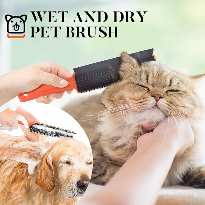 Conliwell Rubber Broom Carpet Rake for Pet Hair, Fur Remover Broom with Squeegee, Portable Detailing Lint Remover Brush (Stainless 4 Steel Handle)