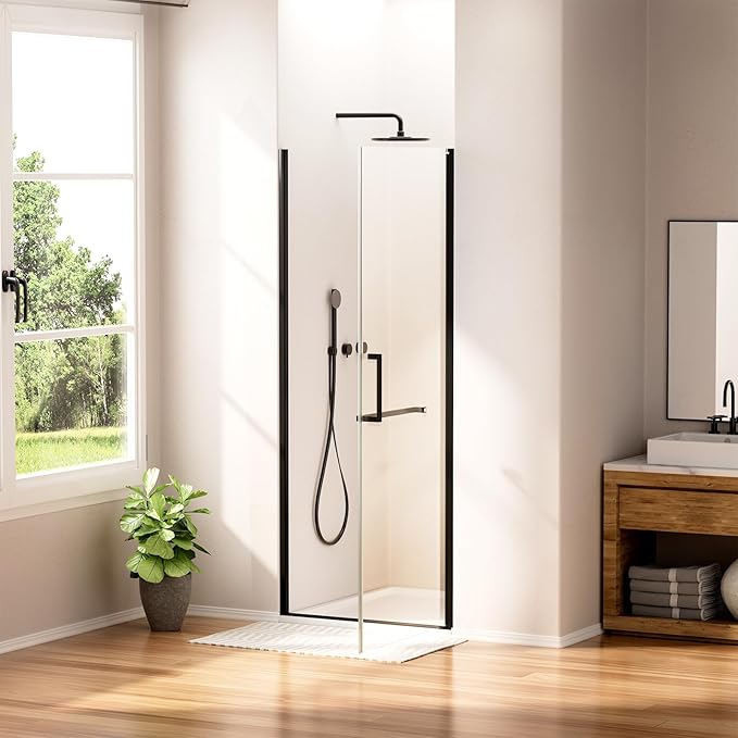 WinZo 29-30" W ×72" H Frameless Pivot Shower Door, Pivot Swing Shower Glass Doors with 1/4"(6mm) SGCC Clear Tempered Glass,Explosion-Proof Film, Reversible Installation, Matte Black