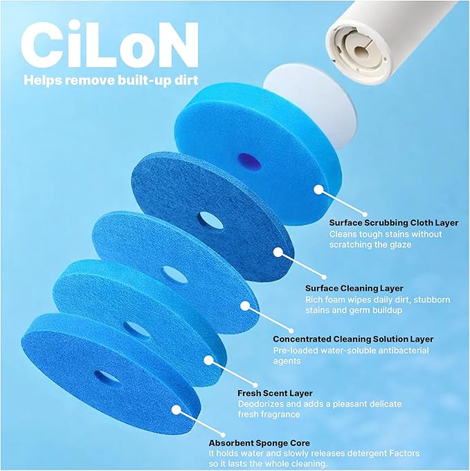 CiLoN 24pcs Disposable Toilet Brush Sponge Head Refills, 5-Layer Pre-Loaded Rich Foam Sponge Replacement. Scrub Heads For Disposal Toilet Brush Wand. Enough for 6 Month (24pcs Refill Heads-Value Pack)