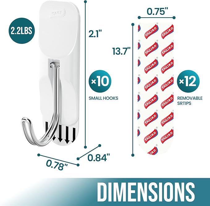 TAILI Hooks for Hanging,10 Small Sticky Hooks and 12 Adhesive Strips, White Utility Hooks for Wall, No Damage Heavy Duty Holds up to 1.1 lb, Removable & Reusable for Door, Dorm, Kitchen, Decorations