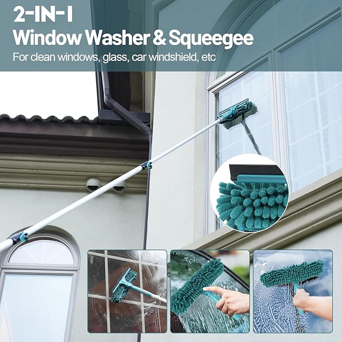20 Foot High Reach Duster Kit with 5-12FT Extension Pole High Ceiling Dusting and Window Cleaning Kit with Telescopic Pole Window Washer&Squeegee,Cobweb Duster,Fan Duster and Feather Duster
