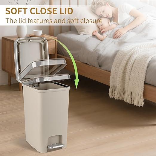 Small Bathroom Trash Can with Lid and 3 Rolls Trash Bags, Step Pedal Wastebasket Plastic Garbage Can with Pop-Up Lid 2.6 Gallon Bin for Kitchen, Bedroom, Office, Dorm, Laundry, Toilet, Rv,Khaki