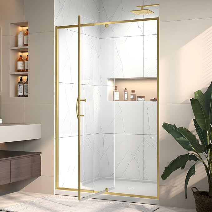 Pivot Glass Shower Door, 44–48" W x 71" H, 1/4"(6mm) Clear SGCC Tempered Glass, Brushed Gold Finish, Magnetic Closure, Reversible Installation