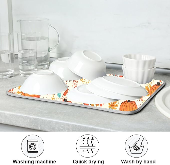 Fall Fox Dish Drying Mat for Kitchen Countertop 18x24 Autumn Chestnuts Pumpkin Berry Thanksgiving Day Large Drying Mat Reusable Quick Dry Dish Sink Mats Easy Clean Decorative Essentials