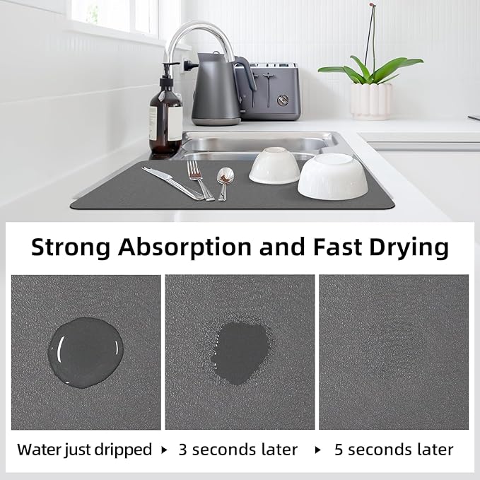 LOPNUR Kitchen Dish Drying Mat, 18"x16" Small Dish Drying Mats for Kitchen Counter, Super Absorbent Dish Drying Pad, Diatomite Coffee Mat Heat Resistant Mat with Anti-slip Rubber Backed, Grey