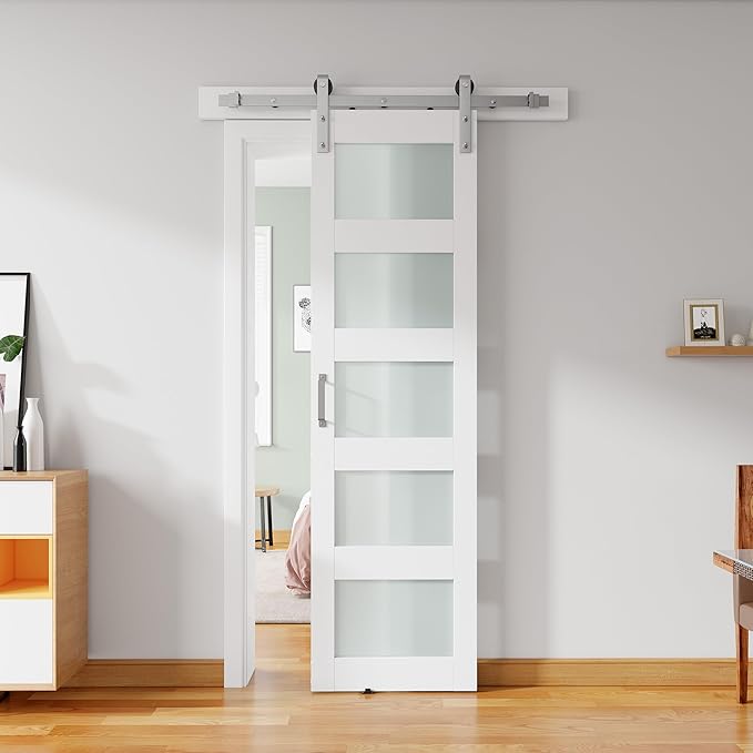 26'' x 84'' Glass Barn Door and 5 Ft Brushed Nickel Hardware Kit Included, MDF White Barn Door Slab with Frosted Glass, PVC Surface, Combined with Handle and Floor Guide-Assembly Required
