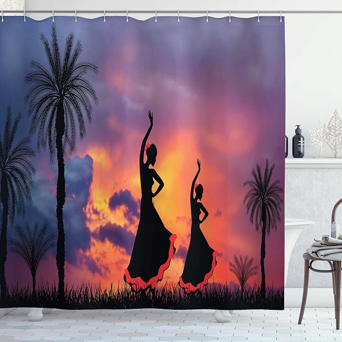 Ambesonne Spanish Shower Curtain, Silhouette of 2 Girls Dancing Flamenco with Dramatic Cloudy Sunset Sky Background, Cloth Fabric Bathroom Decor Set with Hooks, 69" W x 70" L, Salmon Pale Purple
