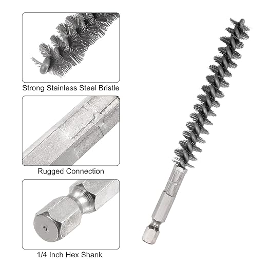 HARFINGTON 5Pcs Bore Brush Stainless Steel 12mm Dia Cleaning Twisted Wire Brush Tube Pipe Cleaner with Handle 1/4 Inch Hex Shank for Tubes, Ports, Bearings