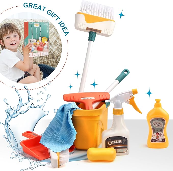 Jenilily Detachable Kids Cleaning Toy Set - Broom, Mop, Dustpan, Brush, Rag Play, Housekeeping Kit, STEM Really Clean Toys Gift for Girls & Boys