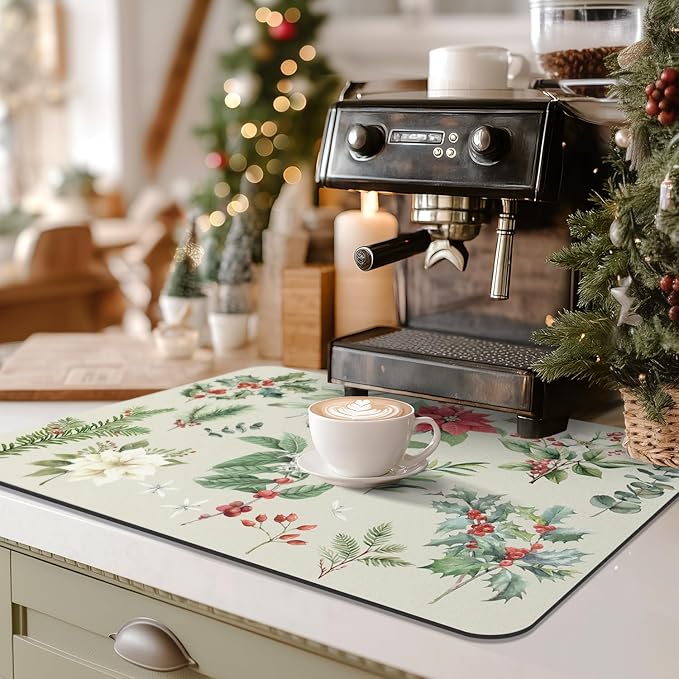 LOKHOM Christmas Dish Drying Mat for Kitchen Counter, 18"x24" Absorbent Christmas Sage Flower Herbs Drying Mat with Red Plants, Christmas Holiday Dish Rack Mat Coffee Maker Dining Room Decoration