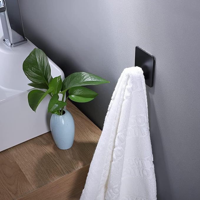 DELITON Black Towel Hook 6 Pack, Stainless Steel Stick on Wall Hooks for Hanging Coat Robe Hat, Self Adhesive Hooks, Heavy Duty, No Damage