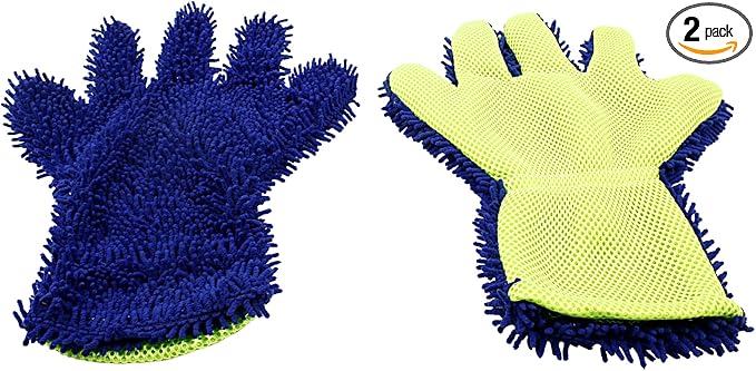 BokWin 2-Pack Car Wash Mitt Scratch Free, 5-Finger Microfiber Wash Mitts, Car Interior Exterior Cleaning Gloves, Auto Chenille Washing Sponge Kits for Cleaning Wheel Tight Spot(Blue)