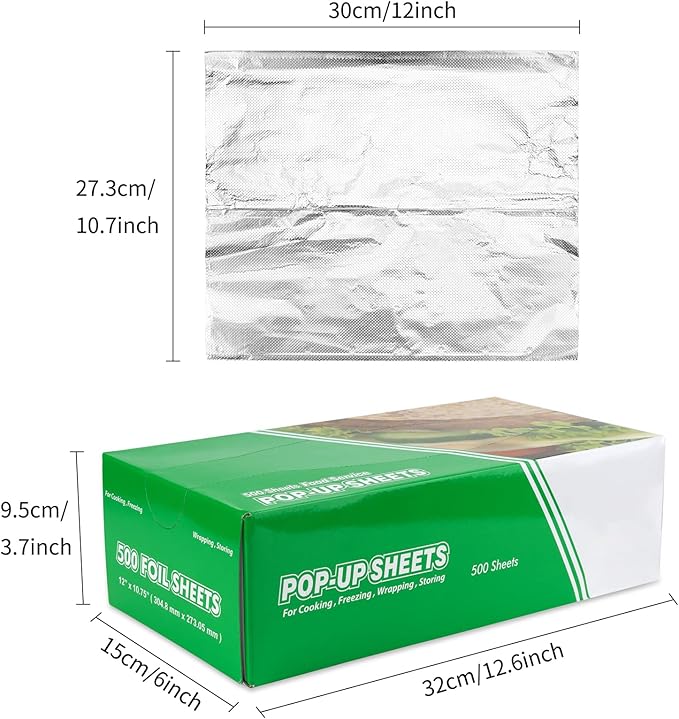 Aluminum Foil Wraps - 500 Precut Sheets, 12 x 10.75 Inch, Pop-Up Interfolded Foil for Baking, Grilling, Roasting, Cooking or Storing Food