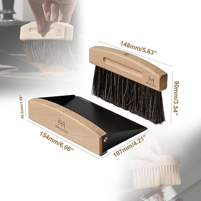 Coffee Dust Pan and Brush Set - Mini Hand Broom and Dustpan Set, Magnetic Natural Horsehair Espresso Brush, FAS Birch Wood Barista Tools for Tamping Station & Coffee Bar Countertop, Black
