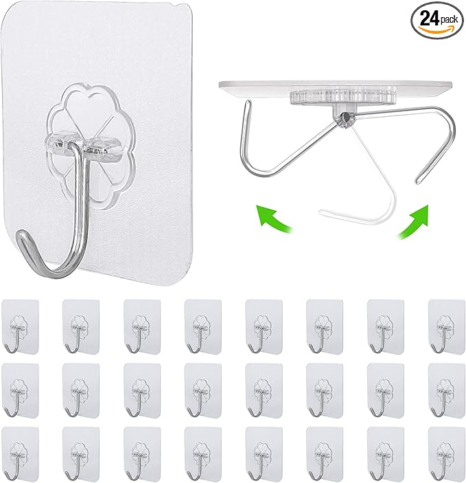 24 PCS Self Adhesive Hooks for Hanging - 33lbs Max, Transparent Stick on Hooks for Coat & Towel - Sticky Hooks for Hanging Heavy Duty Picture, No Damage Wall Hook for Bathroom, Kitchen, Ceiling & Key
