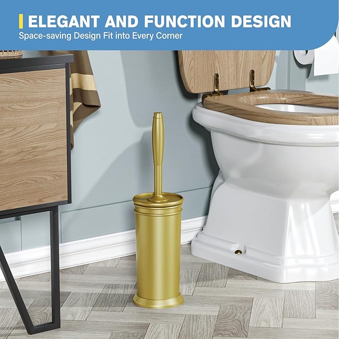 UPTRONIC Toilet Brush, Aluminum Alloy Toilet Brush and Holder Set with Long Handle Durable Bristles Toilet Bowl Brush and Covered Holder for Toilet Scrubber for Bathroom Cleaning (2, Gold)