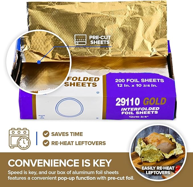 200 Count Pre-Cut Deli Gold Aluminum Foil - Heavy Duty 12' Pop Up Sheets for Restaurant, Disposable Foil for Food, Burrito, Hot Dog or Sandwich
