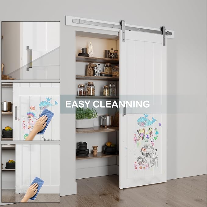 28''x84'' Sliding Barn Door with 5 Ft Brushed Nickel Hardware Kit& Handle& Floor Guides,Pre-Drilled Holes Easy Assembly - Include Installation Manual, Water-Proof PVC Surface, H-Frame