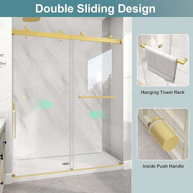 KPUY Frameless Shower Door, 55-60" W x 76" H Double Sliding Glass Shower Door, 1/4" (6mm) Thick Tempered Clear Glass with Explosion-Proof Film Nano Coating, Brushed Gold