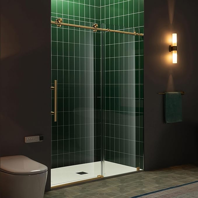 Woodbridge 57.5-60" W x 80" H Frameless Single Sliding Soft-Close Shower Door with Tempered Glass & Explosion Proof Film in Brushed Gold Finish
