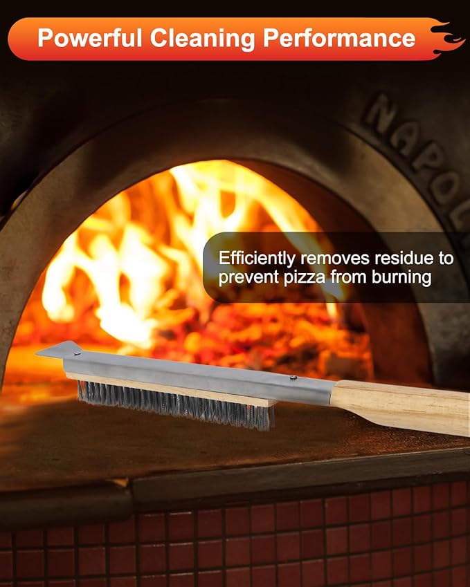 2PCS Pizza Oven Accessories Set, Pizza Brush, Ash Rake with Rubberwood Handle, Durable Pizza Oven Brush and Rake Kit for Deep Cleaning Wood-Fired Ovens