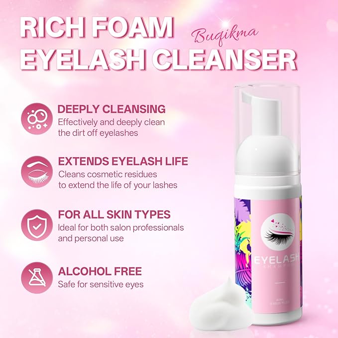 Buqikma Lash Shampoo Kit - Eyelash Extension Cleanser for Extensions 60ML with Rechargeable Handheld Lash Fan Dryer Mascara Brush Rinse Bottle Makeup Cleansing Foam for Lash Care