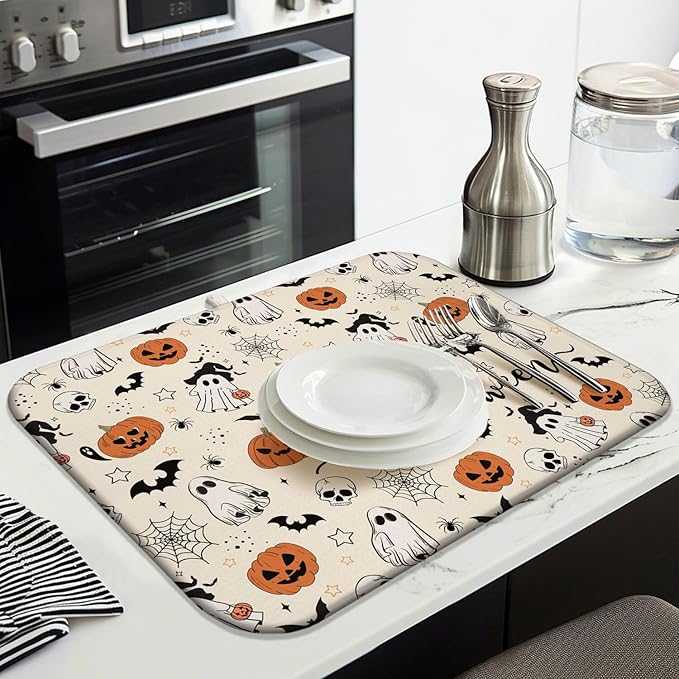Halloween Dish Drying Mat for Kitchen Counter,Horror Halloween Pumpkin Skull Ghost Pattern Microfiber Drying Mat,Washable Absorbent Countertop Holiday Dish Mat Drain Pad,18x24Inch