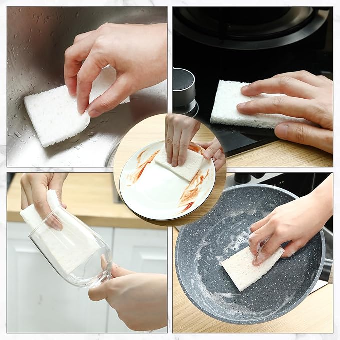 Zhengmy 100 Pieces Sponges Kitchen Compressed Sponges Bulk Natural Dish Sponge Compressed Wood Pulp Cleaning Sponge Without Scratching for Kitchen Bathroom, 3.9 x 2.4 x 0.12 Inch (White)