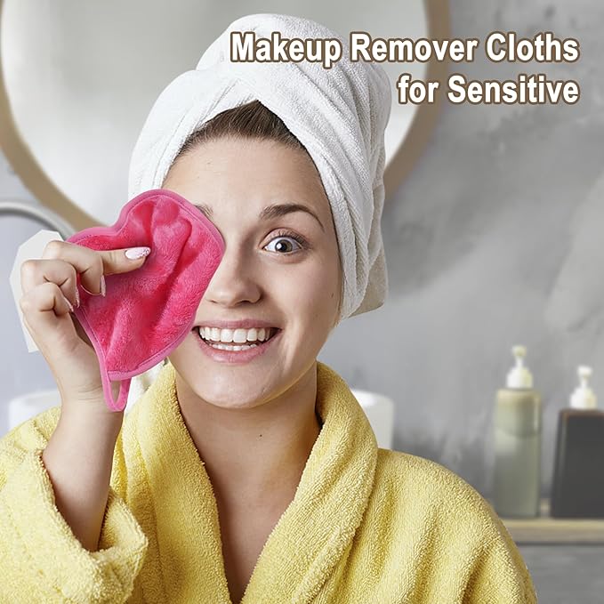KODAMO Makeup Remover Cloth, Reusable Makeup Remover Pads Washable Travel Bag, Microfiber Makeup Removal Face Wash Cloths with Just Water, Gentle Soft,12 Pack, Pink