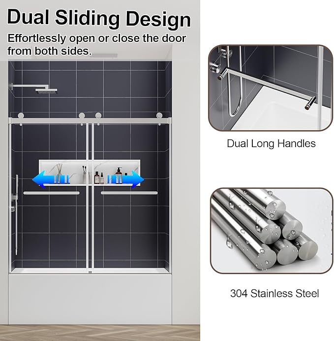 56-60" W x 60" H Double Sliding Bathtub Shower Door, 5/16" (8mm) Tempered Glass Frameless Bypass Shower Glass Door for Tub, Double Nano Coating, Pull Towel Rack (Chrome)