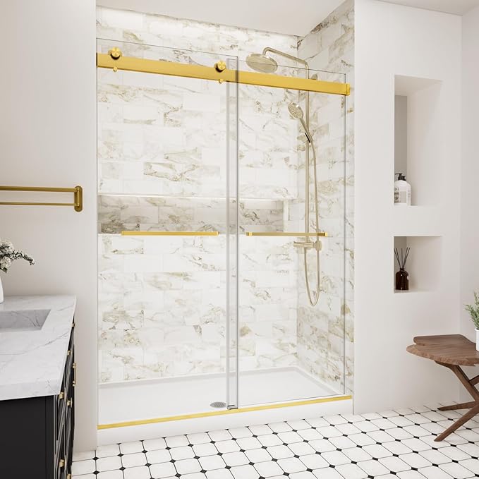 Frameless Double Sliding Shower Door,44-48" W x 74" H Glass Shower Doors with Soft Close System,5/16" (8mm) SGCC Tempered Clear Glass,Explosion-Proof Film Nano Coating,Brush Gold