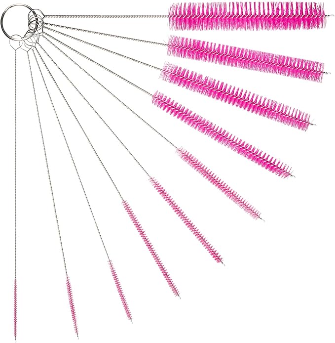 10" Tube Cleaning Brush Set, 10 Pack, Extra Long Nylon Straw Brushes with Flexible Handles for Bottles, Cleaning Straws, Pipe Cleaners, Keyboard, Glass, Guns, Detailing and Deep Cleaning, Pink
