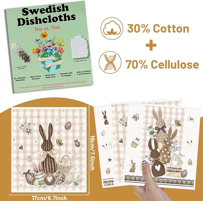 Easter Swedish Dishcloths for Kitchen, 6 Pack Rustic Bunny Reusable Dish Paper Hand Towels Housewarming Gifts, Rabbits Absorbent Dish Rags for Home Cooking Cleaning