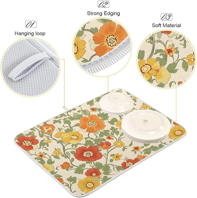 Retro Yellow Orange Flowers Dish Drying Mat for Kitchen Counter Absorbent Microfiber Drying Pad, Large 18x24 in, Reversible Drainer Mats