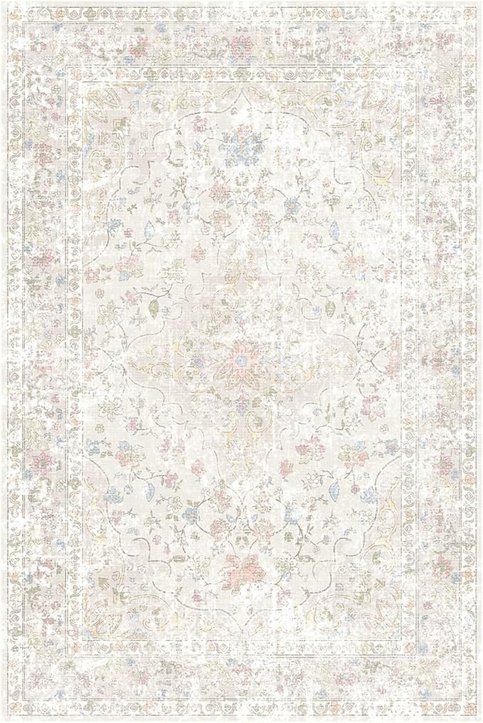 4x6 Area Rugs for Living Room, Bedroom, Small Washable Beige Rugs, Entryway Non Slip Rug, Neutral Floral Vintage Boho Soft Indoor Carpet for Nursery, Bathroom, Office