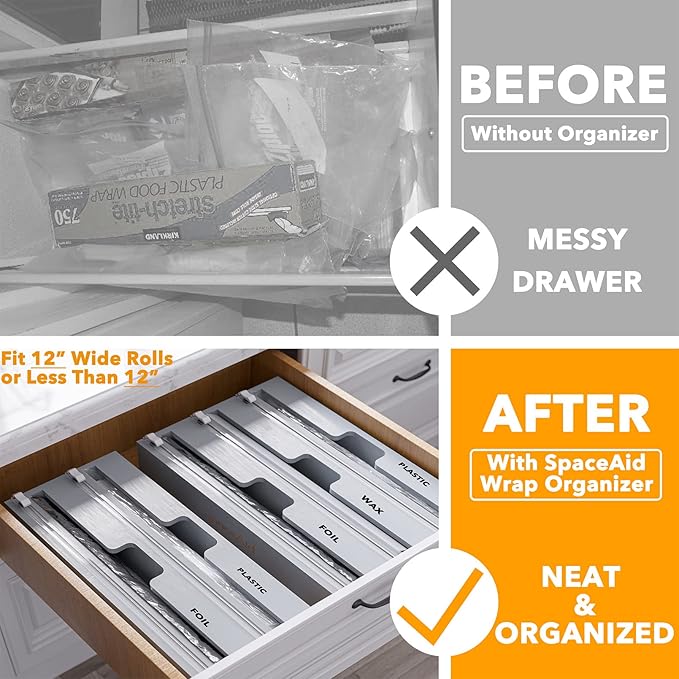 SpaceAid WrapNeat 2 in 1 Wrap Organizer with Cutter and Labels, Plastic Wrap, Aluminum Foil and Wax Bamboo Dispenser for Kitchen Storage Organization Holder for 12" Roll (Gray)