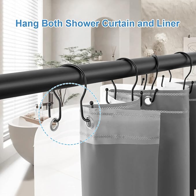 24 Pack Double Shower Curtain Hooks Rings, TENOVEL Double Sided Shower Curtain Hooks Rust Proof for Shower Curtain, Stainless Steel Bathroom Shower Hangers Rings for Shower Rods, Matte Black