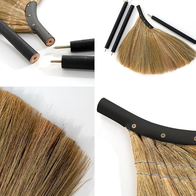 Vietnamese Straw Soft Broom - Indoor Grass Broom - Sweeping Hand with Black Long Handle Broomstick for House, Garage, Office, Lobby Room, Kitchen with 37.98 in Length