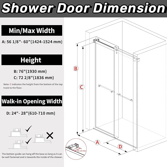 Sunrosa Frameless Double Sliding Shower Door 56 1/8-60" W x 76" H, 5/16" (8mm) Thick Easy-Clean Tempered Glass, Soft-Close Adjustable Shower Door with Towel Bar, Brushed Gold Finish