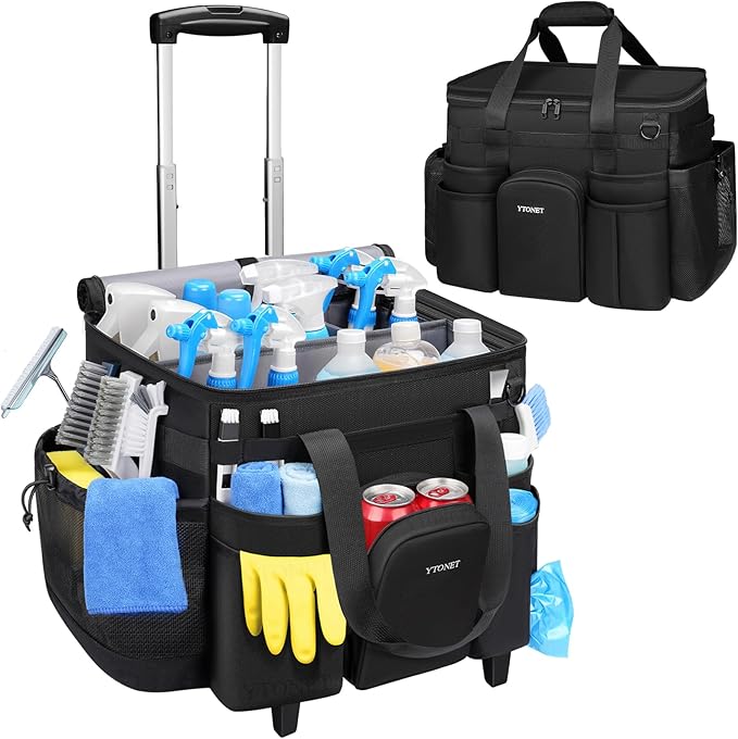 Ytonet XXL Cleaning Caddy with Wheels, Large Rolling Cleaning Caddy Bag with Detachable Trolley for Housekeepers, Water Resistant Cleaner Supplies Organizer with Wheels for Kitchen, Tool Organizer