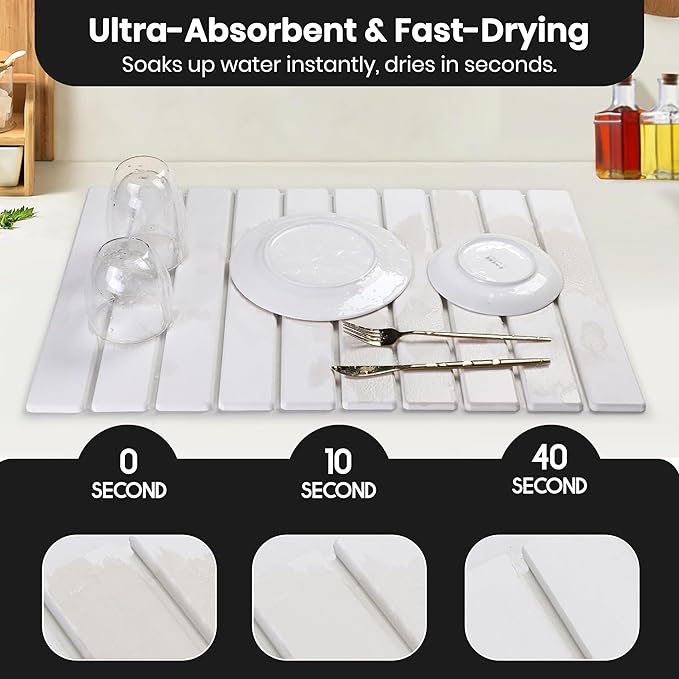 Stone Dish Drying Mat 24” x 16” – Ultra Absorbent Quick-Dry Foldable Counter Mat, Non-Slip Marbled Drying Pad for Dishes, Cups, Bottles & Coffee Bar