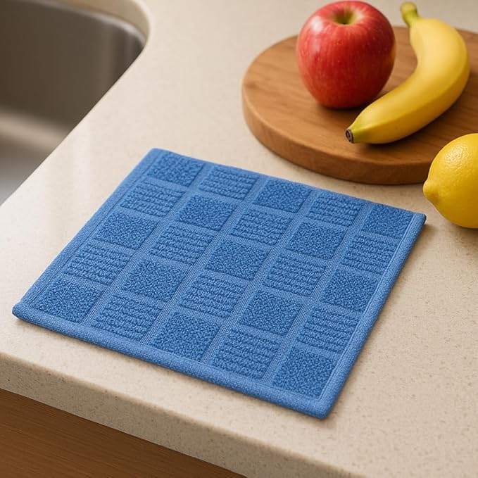 DecorRack 10 Pack 100% Cotton Kitchen Towels, 12x12 inch Soft Terry Dishcloths, Absorbent Hand Towels for Cleaning, Drying & Dishes, Plaid Pattern Cleaning Rags, Blue (Pack of 10)